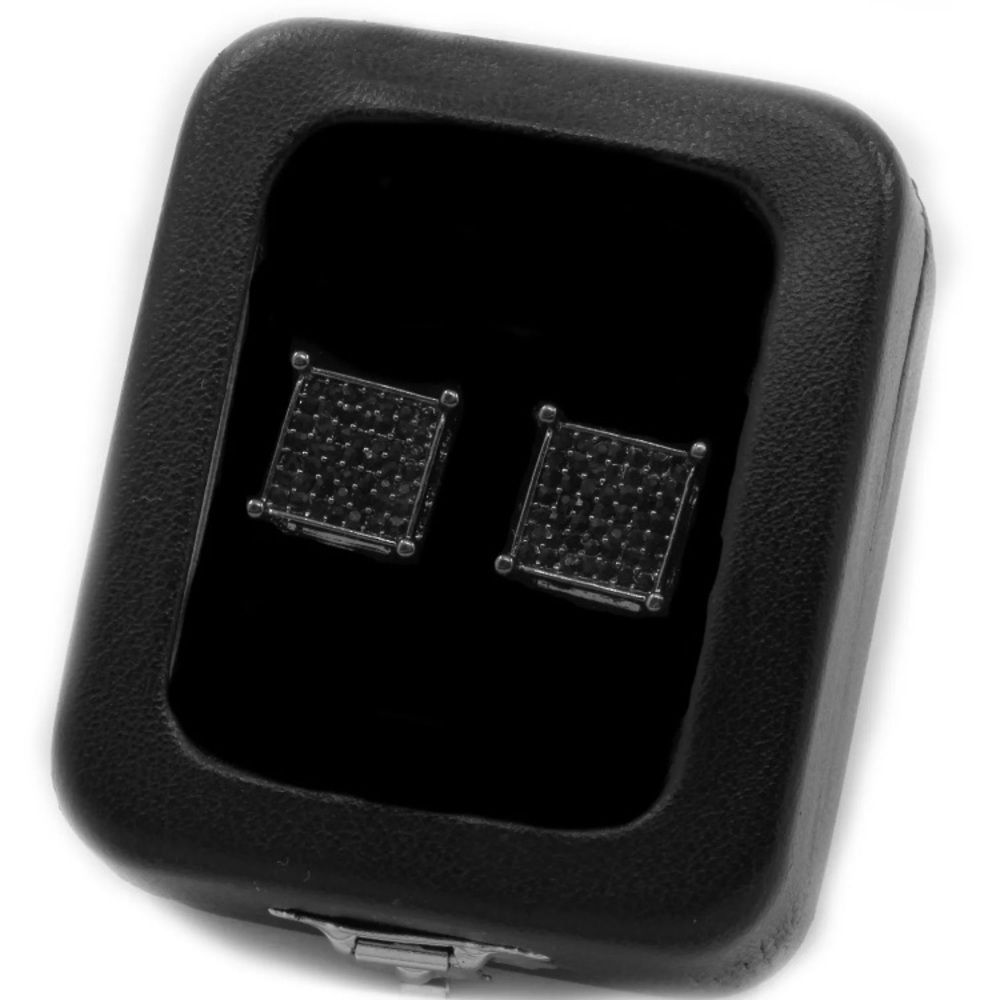 New Men’s Black Iced Out Earrings Stud Square Cut - Picture 2 of 3